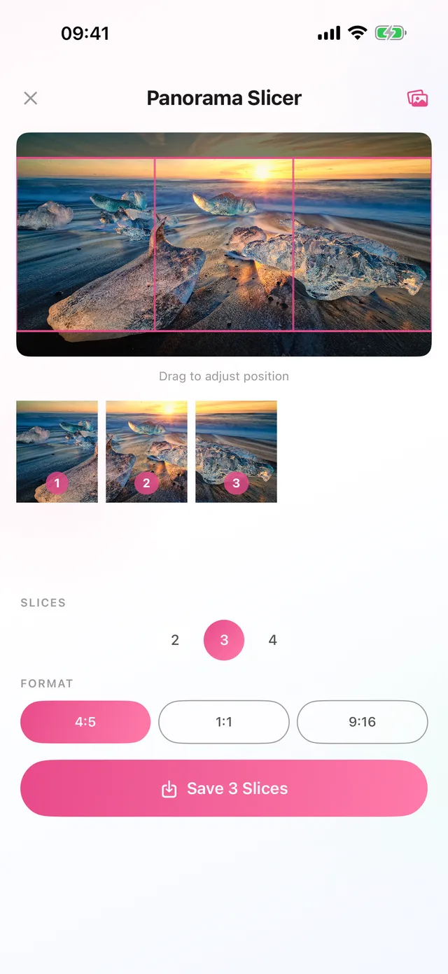 Panorama split into three 4:5 portrait carousel slides