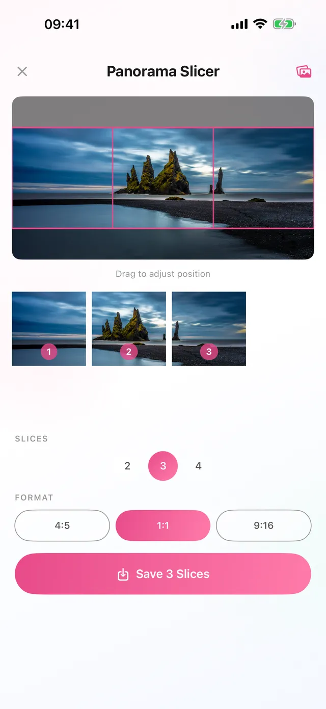 Panorama sliced into 1:1 square slides