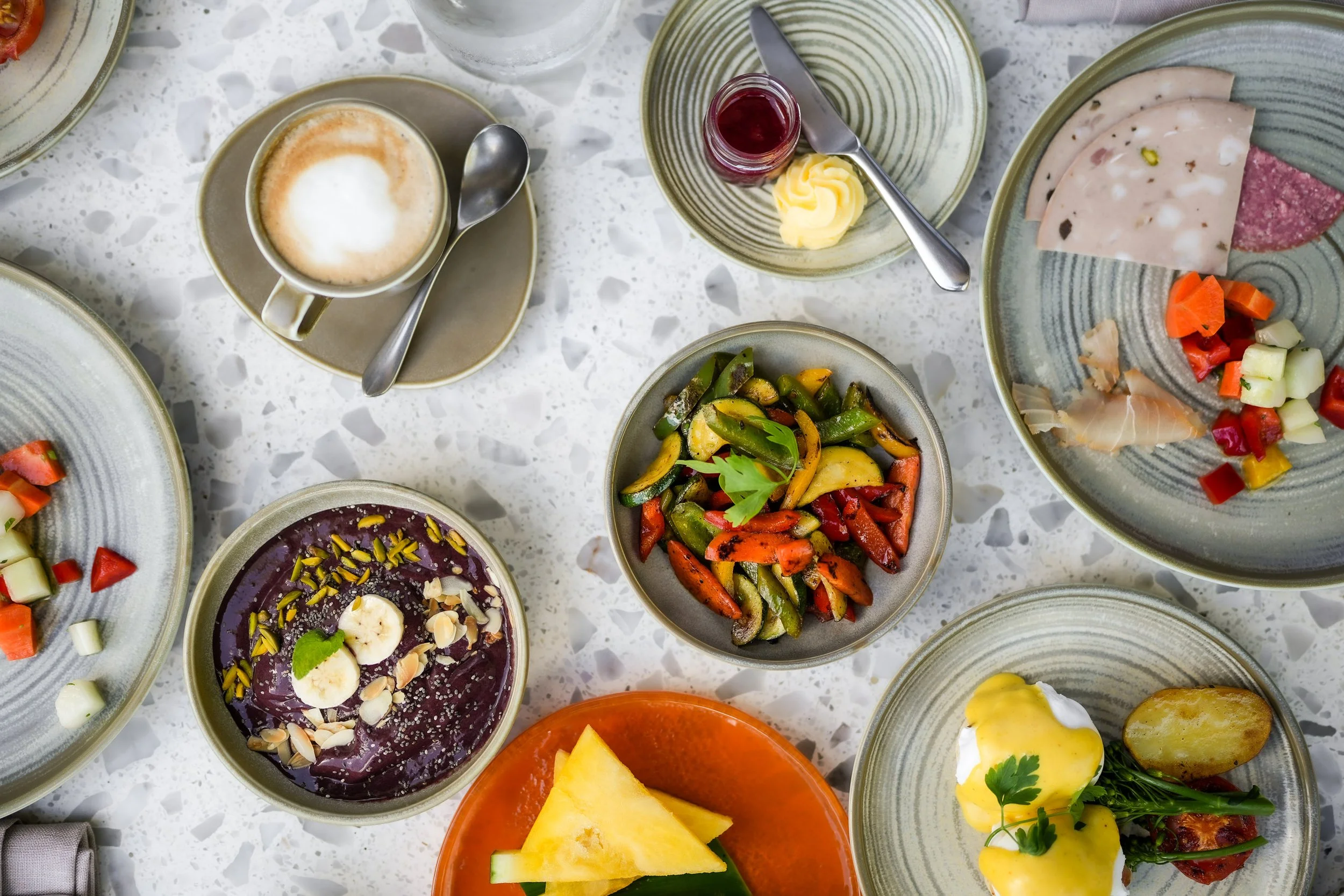 hotel breakfast spread flatlay